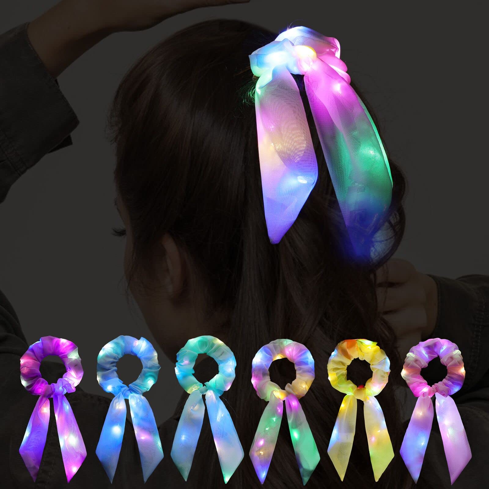 

Flashing Hair Braid Neon Light Up Bow Scrunchies For Girls Cute Led Scrunchie Ponytail Holders Scarf Ties Women Rave Accessories Glow amEul