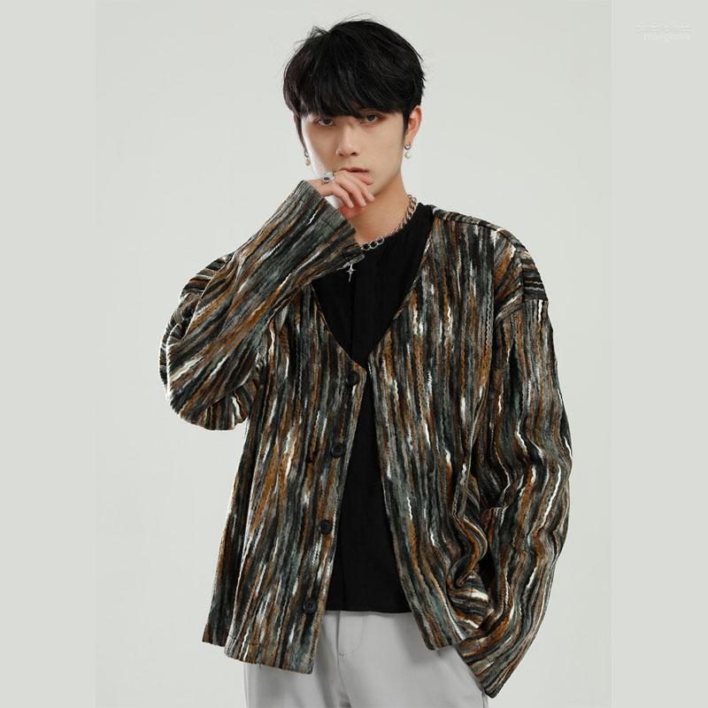 

Men Women Couple V-neck Colors Stripe Cardigan Sweater Jacket Japan Korea Streetwear Vintage Fashion Male Knitting Coat Men's Sweaters, 3503 red