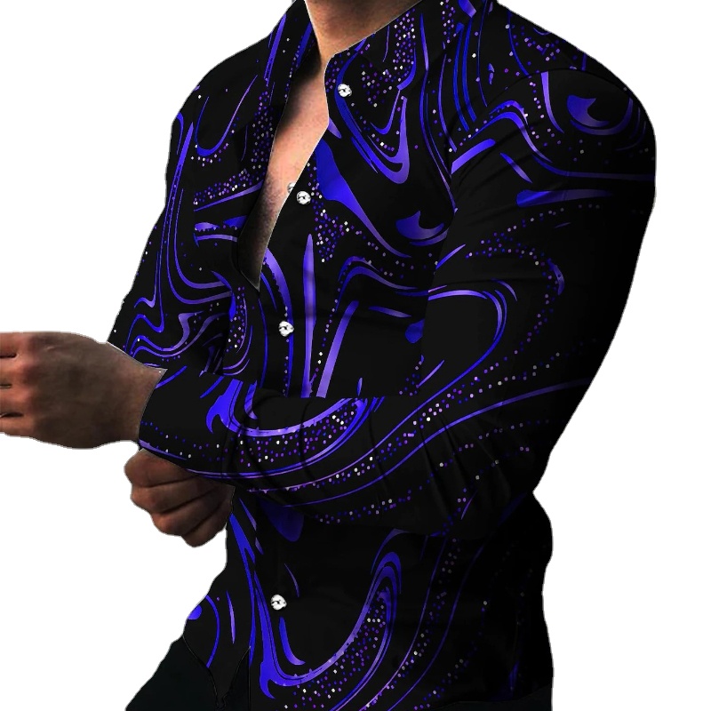 

2022 New Men' Long Sleeve Collar Shirt Fashion Digital Printing Casual Street Shirt Ballroom Dancing Shirt, 01
