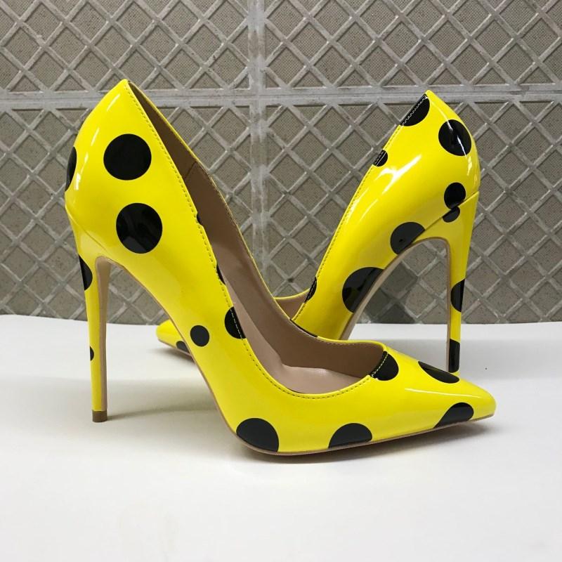 

Dress Shoes European And American Yellow Wave-point High-heeled For Women 12cm Thin-heeled Pointed Shallow Large-size Single ShDress, Yellow8cm