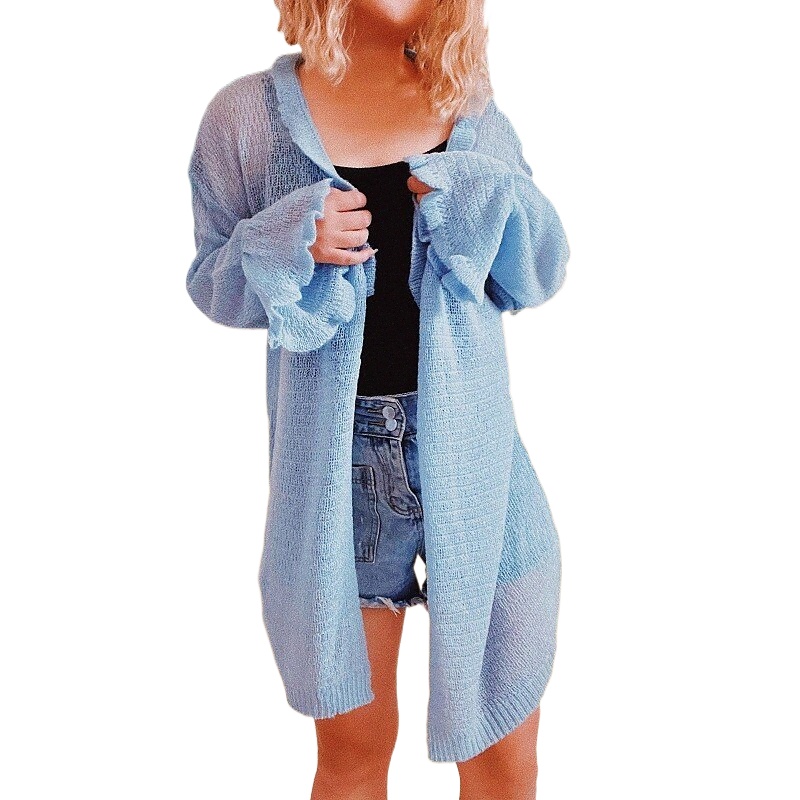 women's Cardigan Ruffle Knitted Pure Color Stylish Elegant Casual Long Sleeve Sweater Cardigans Shirt Collar Spring Summer Blue Pink Light Gree