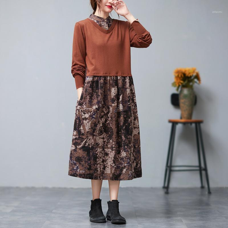 

Casual Dresses Women Fashion Splicing Dress Female Autumn Fake Two Vintage Print Side Pockets Vestidos Mujer 2022, Blue