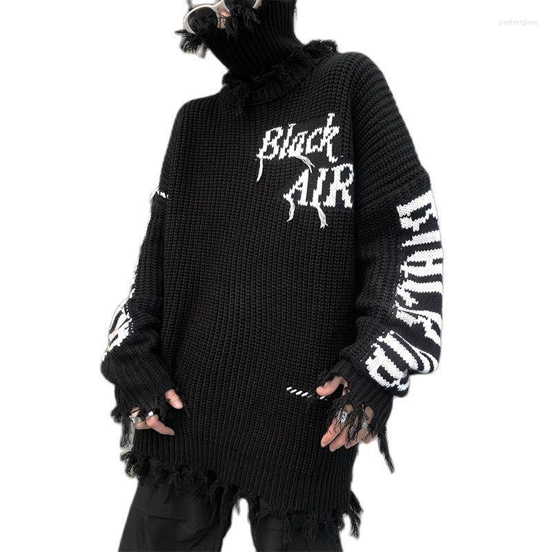 

Men's Sweaters Ripped Hole Punk Turtleneck Sweater Mens Harajuku Vintage Pullover Women Embroidery Hip Hop Goth Knitted 2022 Perf22