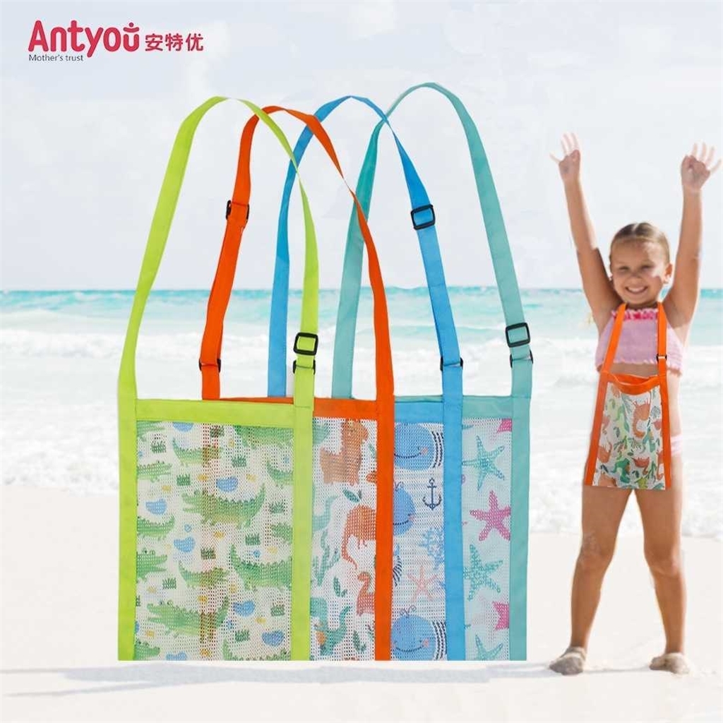 

23*28CM Cartoon Mesh Beach Bags Sand Away Portable Foldable Sea Shell Bag Adjutsable Belt Dinosaur Crocodile Print Crossbody Backpack Purses Toys Organizer T33CQ4O, Orange dinosaur