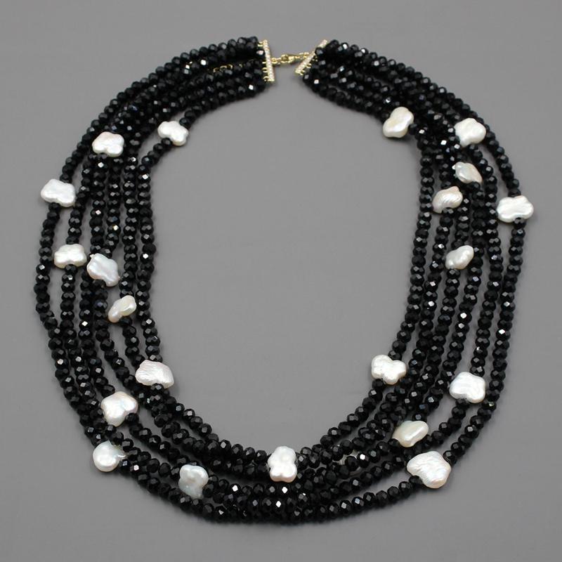 

Chains Jewelry 6 Strands Natural White Keshi Pearl Black Faceted Crystal Necklace Handmade Multi Fashion JewelryChains
