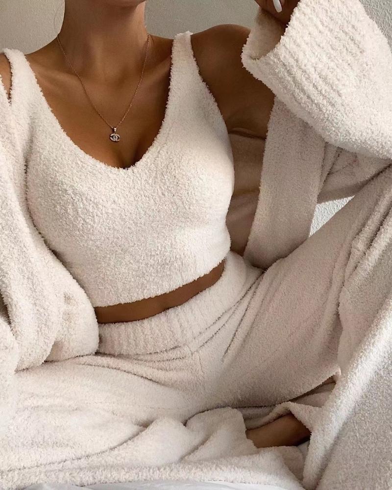 

Women' Two Piece Pants Knitting Suit Fluffy Fleece Three-Piece Pyjamas Women Teddy Plush Cropped Top And Trousers Long Cardigan Homewear, White