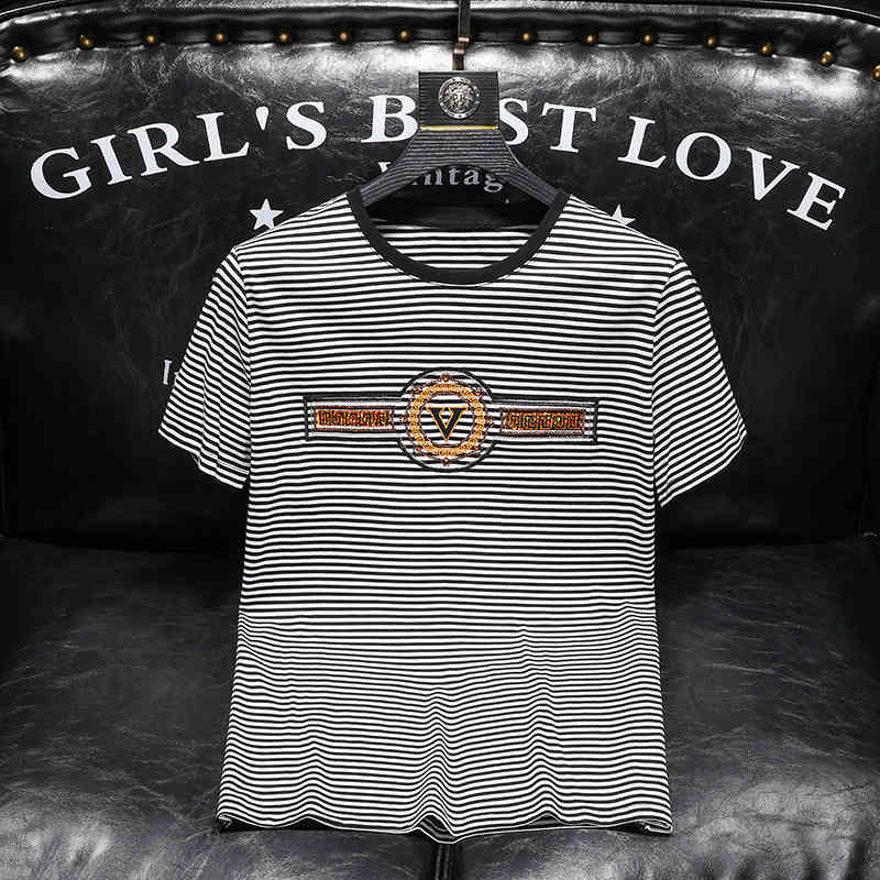 

2022 Summer Stripe Short Sleeve T-shirt Embroidered Cotton Men's Fashion Half Casual Streetwear Women's Clothing Summer 50% Off, Black