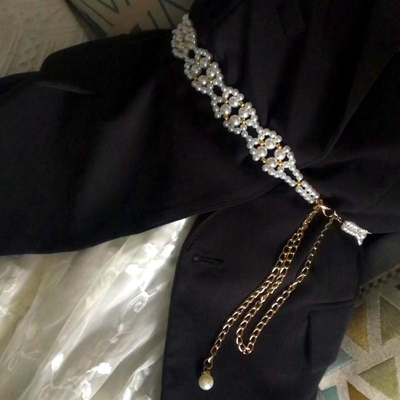 

Belts Metal Splicing Pearl Beaded Waist Chain Woman For Dress Accessories Tassel Luxury Designer Corset Body Wide WaistbandBelts, Black