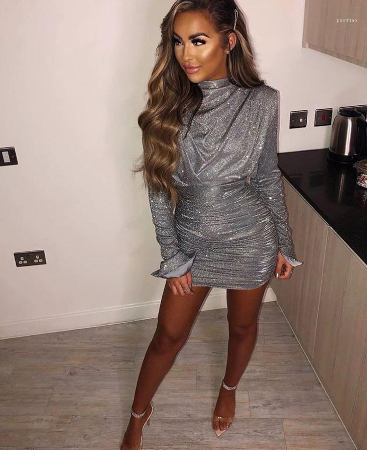 

Casual Dresses 2022 Women Sexy Fashion Bling Gray Party Dress Full Sleeve Elegant CelebrityNight Club