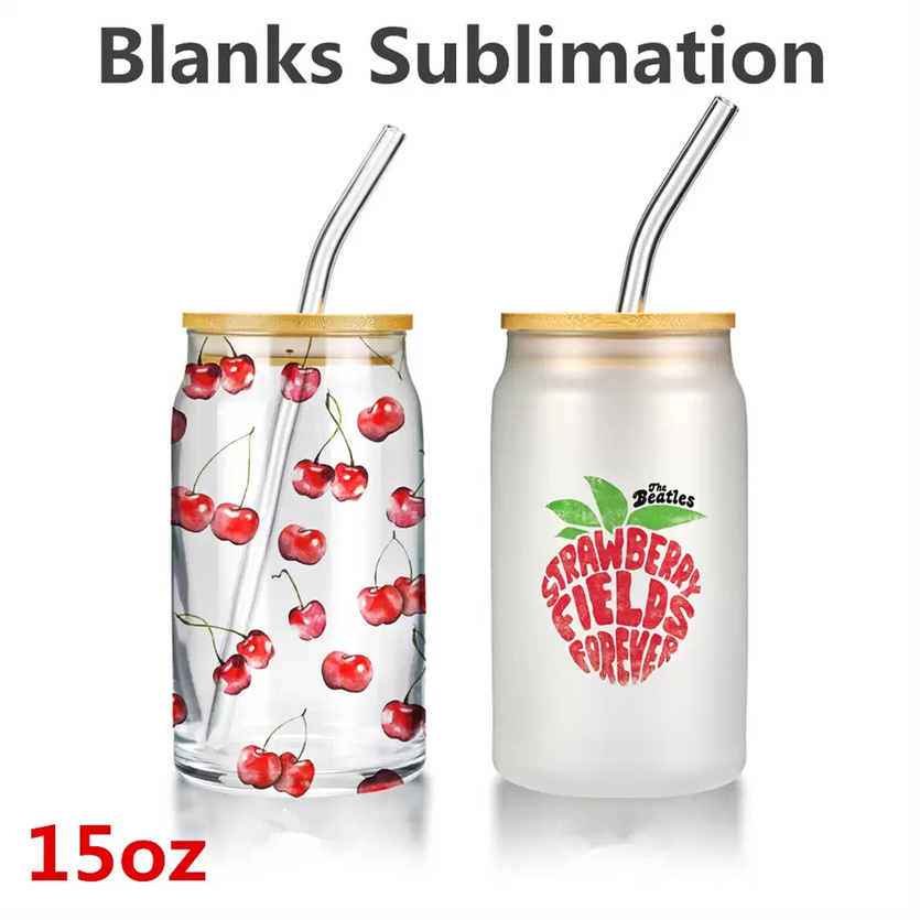 

15OZ Sublimation Glass Beer Mugs with Bamboo Lid Straw Tumblers DIY Blanks Frosted Clear Can Cups Heat Transfer Cocktail Iced 0303Coffee Whiskey Glasses sxa13, 48pcs/carton