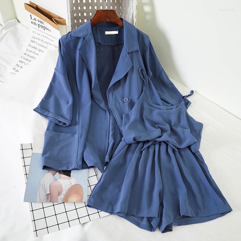 

Women's Tracksuits HELIAR Women Three Pieces Sets Hong Kong Flavor Casual Tailored Collar Coat Sexy Camisole And Simple Solid Elastic Waist, Blue