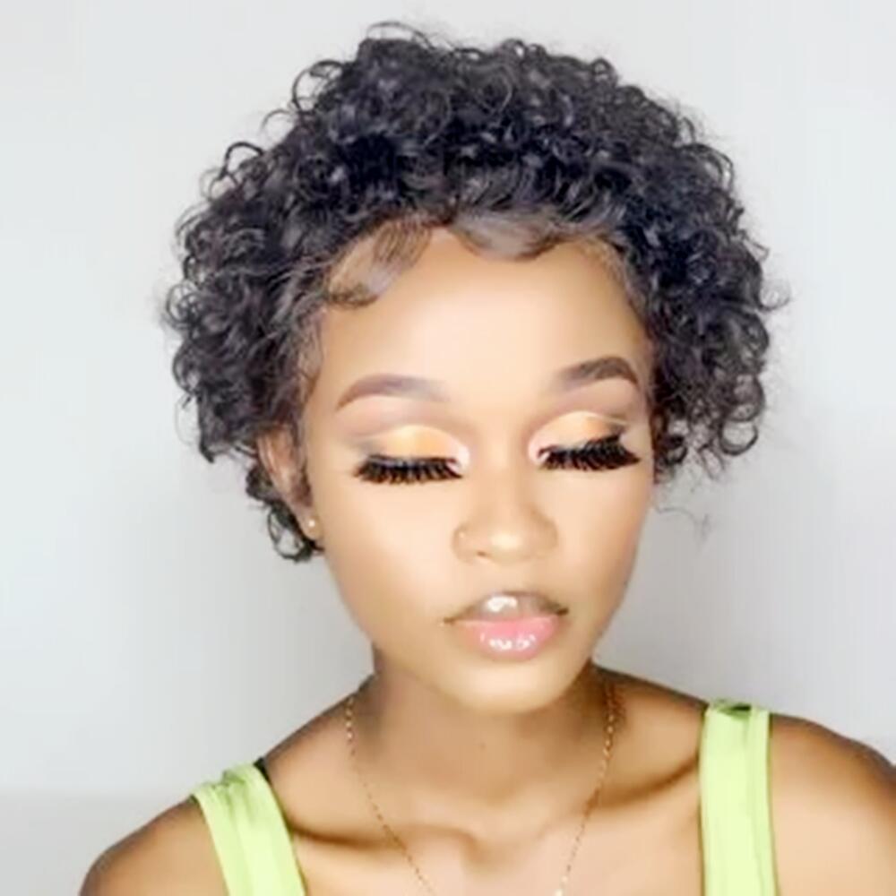 

Pixie Cut Wig 13X1 Transparent Lace Wig Preplucked Hairline Wigs For Women Short Curl Human Hair, #1b