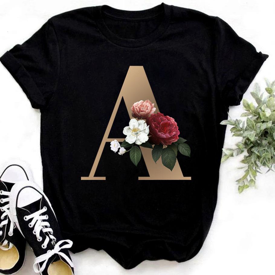 

Custom Name Letter Combination Fashion T Shirts Women T-shirt Flower A B C D E F G Short Sleeve Tops, Color17