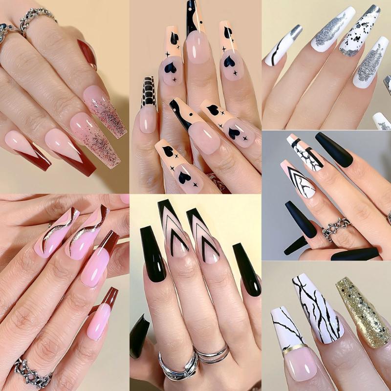 

False Nails 24pcs/Box Detachable Glitter French Wearable Long Coffin Ballerina Fake Full Cover Nail Tips Press On Prud22, Only 1sheet nails