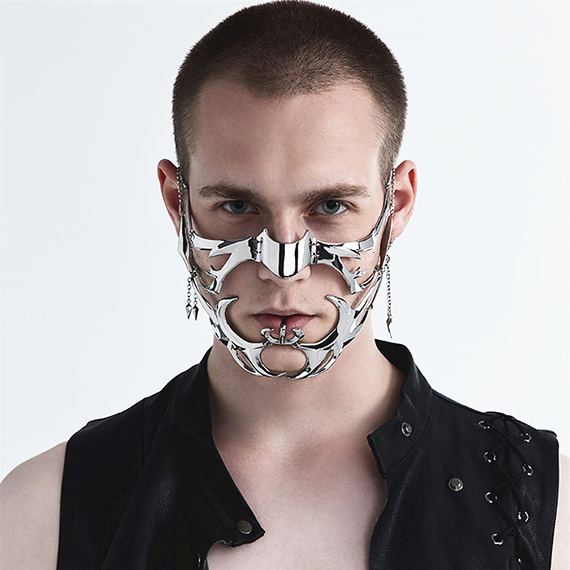 

Party Masks CyberPunk Irregular Steel Mask Gothic Punk Metal Mechanical Alien Fluid Face Ornament Earrings Jewelry Accessorie 230206