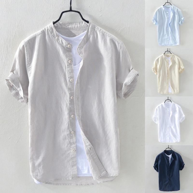 

Men' Baggy Cotton Linen Solid Short Sleeve Button Retro Shirts Tops Blouse -2XL Five Colors Casual, Navy