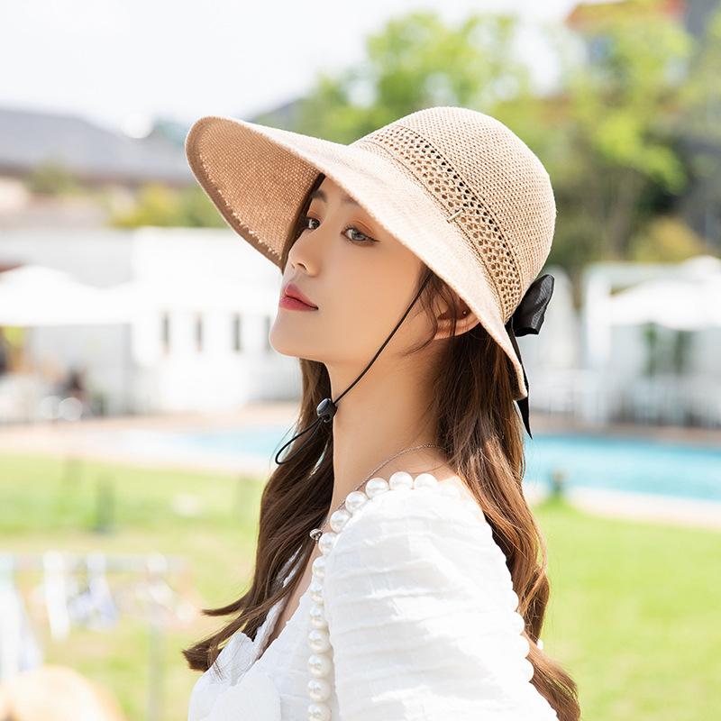 

Wide Brim Hats Summer Breathable Bowknot Straw Cap Knitted Big Fisherman Hat Foldable Beach Sun Solid Color Visor Sombreros De MujerWide, C3193-7 beige