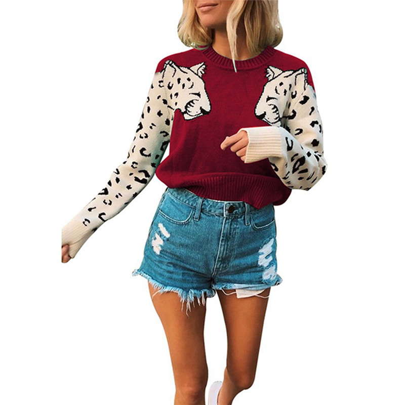 

Womens Knitted Long Sleeve Sweater Tops Ladies Casual Knit Loose Jumper Pullover Arm Leopard Figure Knitted Sweater, Sky blue