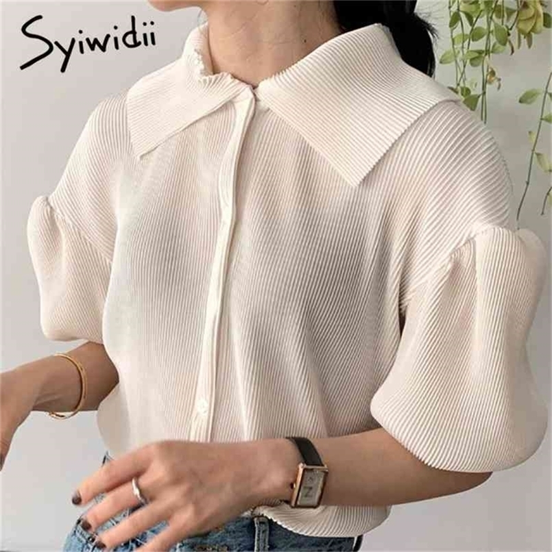 

Button Up Blouses Women Pull Sleeve Tops Turn-down Collar Black Clothes Summer Korean Fashion Single Breasted 210607, Cream color