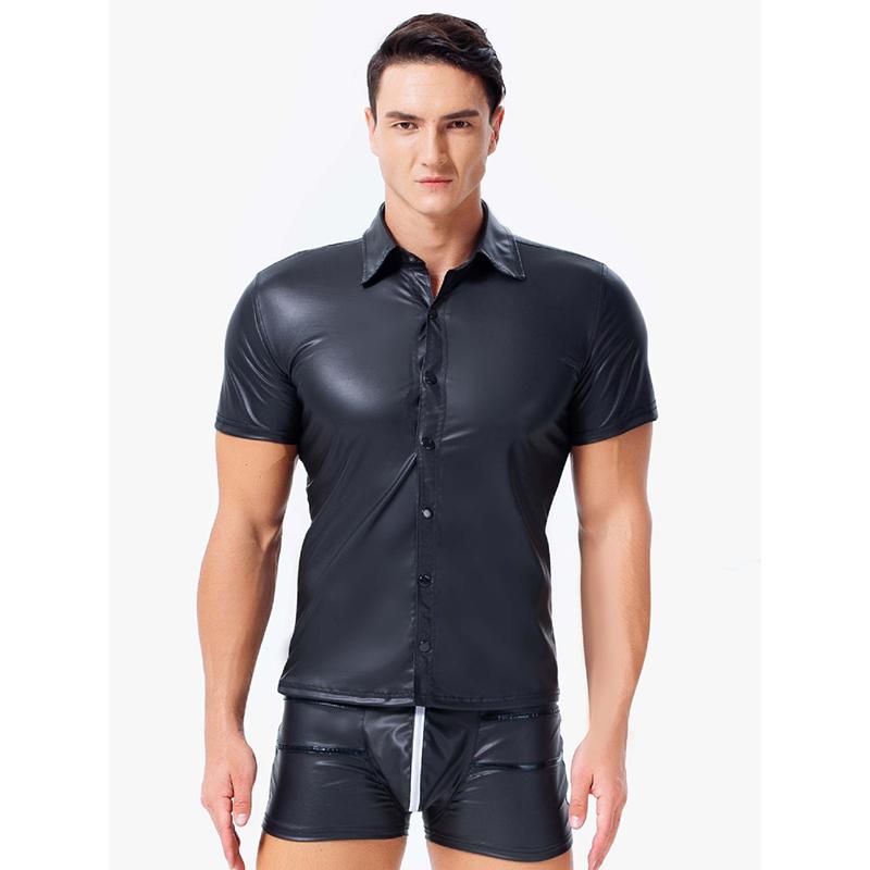 

Men' T-Shirts Mens Wetlook Tops Punk Fashion Lapel Buttons Faux Leather Male T-Shirt Night Clubwear Costume Muscle Tight Tee TopMen, Black