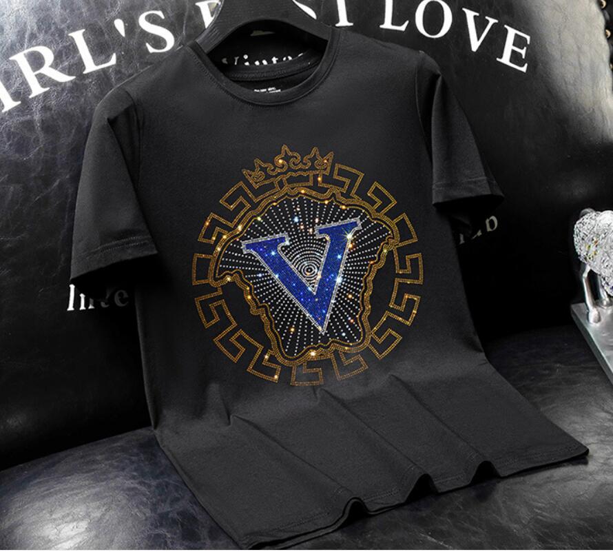 

Men's T-Shirts European goods hot drill short-sleeved men's T-shirt tide brand large size round neck thin slim fit trend ins letter top, W2