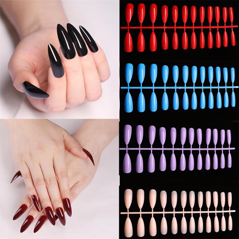 

False Nails 24Pcs/Set Acrylic Full Cover Solid Color Nail Wine Red Black Extra Long Shiny Easy Apply Sharp Stiletto Artificial NailsFalse, White