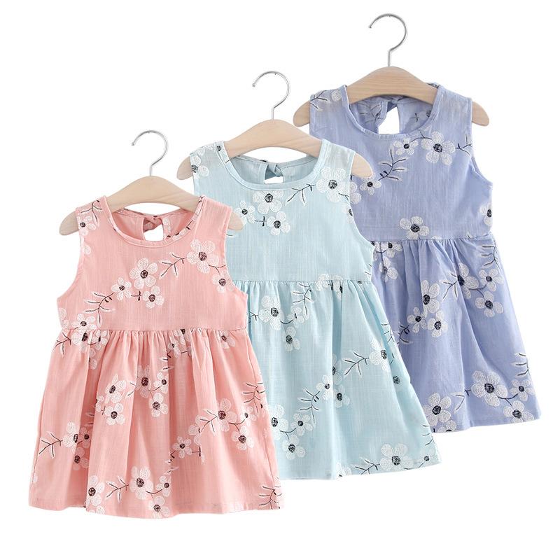 

Girl's Dresses 1-7 Years Girls Dress Summer Kids Clothes Children Sleeveless Flower Print Princess Elegant Gift Party Girl DressGirl's, A-blue