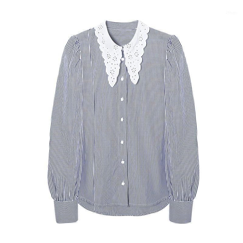 

Fashion Hollow Out Lapel Loose Blouses Women Vintage Long Sleeve Button-up Female Shirts Blusas Chic Stripe Tops Women's &, Blue