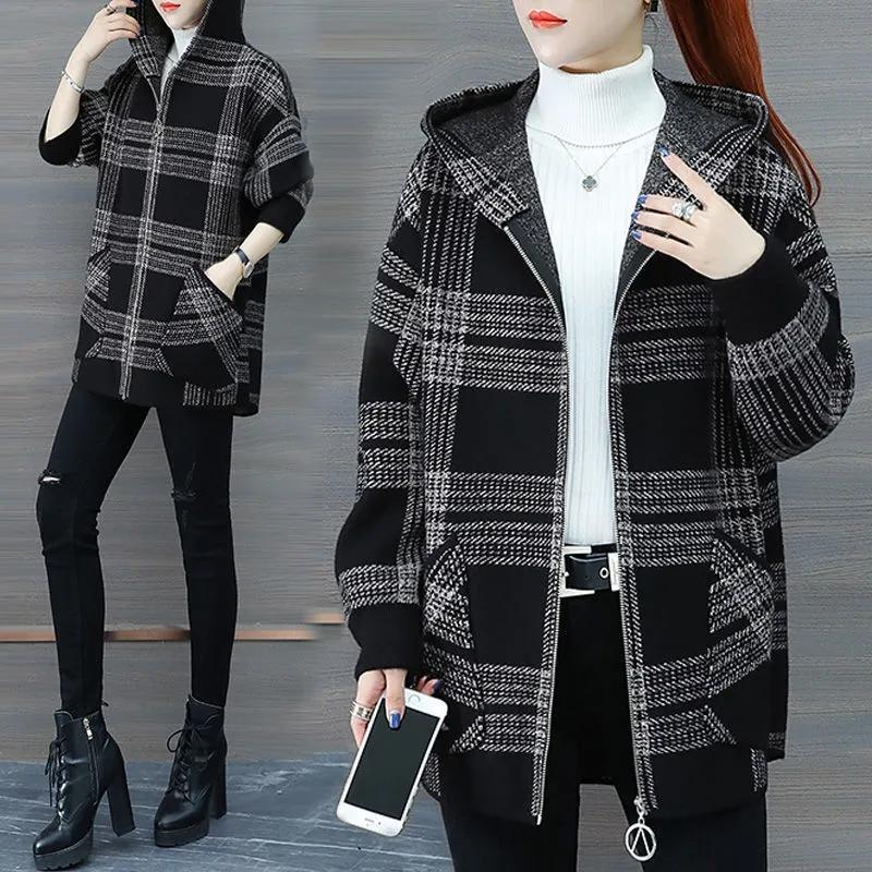 

Women' Jackets 2022 Spring And Autumn Clothing Plus Velvet Thick Size 6XL Plaid Jacket Loose Zipper Hooded Sweatershirt Women Cardigan W59, Black