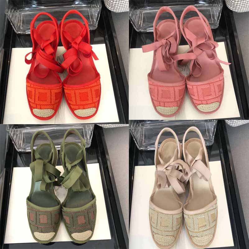 

Top quality Summer fashion designer style ladies canvas shoes hand-woven wedge sandals female designer sandals 41 with box, Pink