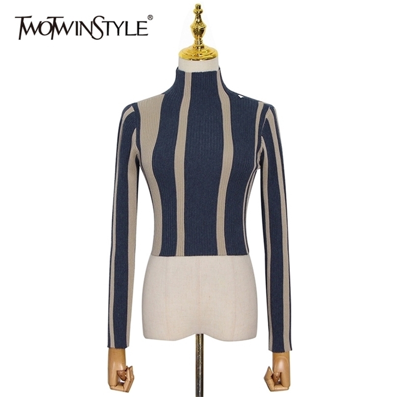 

TWOTYLE Striped Temperament T Shirt For Women Turtleneck Long Sleeve Hit Color Slim Short Tops Female Fashionable 220401, Aspicture