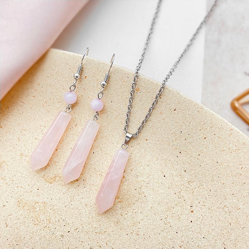 

Earrings & Necklace Pink Crystal Set Silver Stainless Steel Natural Stone Jewelry Sets For Women Fashion Wedding Party GiftEarrings, As pic