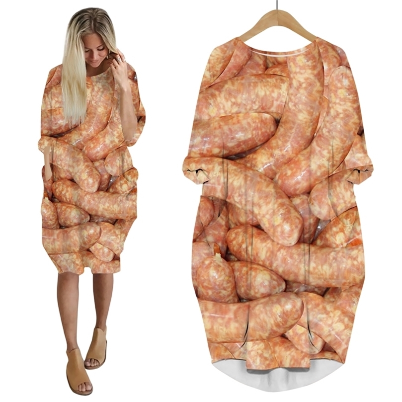 Robe saucisse gastronomique impression 3D mode robe drôle avec poches Harajuku femmes vêtements de fête robe à manches longues W220617