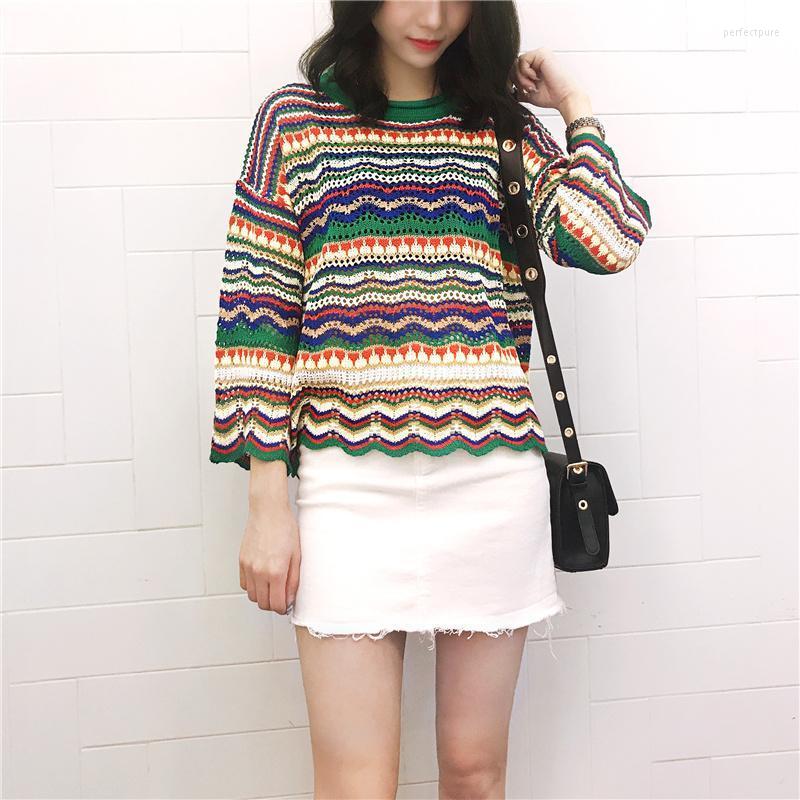 

Women's Sweaters Elegant Color Stripes Crocheted Mini Pullover Women'S Summer Long Sleeve Hollowed Out Breathable Sunscreen Holiday Part, Multi