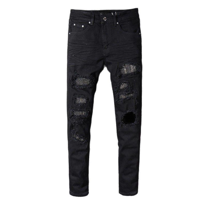 

Men's Jeans Black Cat Whiskers Rhinestone Youth Slim Pants