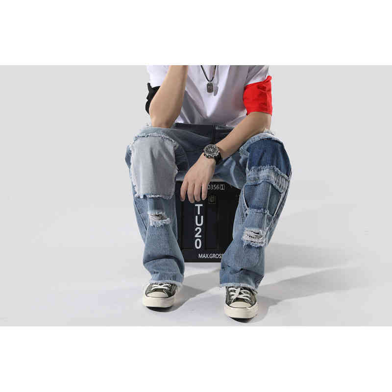 

Chao brand men's jeans with holes, loose and straight tube, old cloth, beggar's pants, hip hop, raw edge pants, Light blue