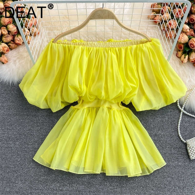 

DEAT Women Chiffon T-shirt Solid Color Slash Neck Short Sleeve Fashion Temperament Spring Summer 11D1650 210709, Blue