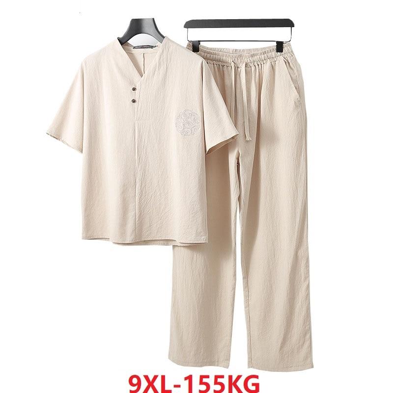 

Men's T-Shirts Large Size 7XL 8XL 9XL Summer Men Linen Short Sleeve T-shirt And Pants Embroidery Tang Suit Vintage V-neck Tees Oversize Tops, Picture color