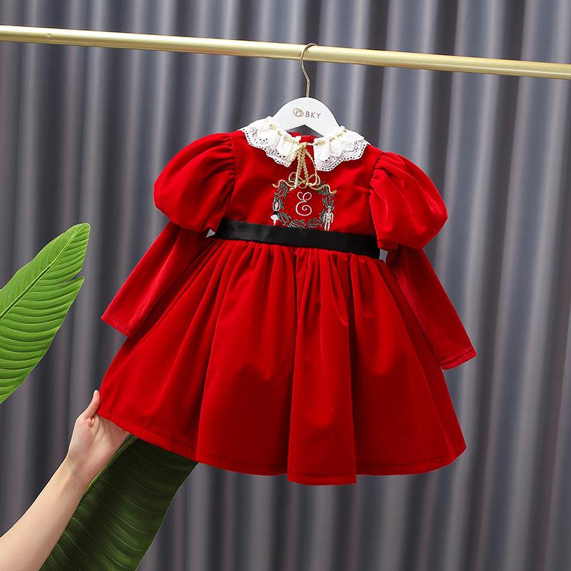 

Girl's Dresses 2022 Children Winter Red Embroidered Velvet Dress Child Infant Baby Girls Sweet Hubble-bubble Sleeve Princess Kids