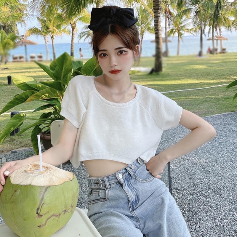 

Women's T-Shirt O Neck Knit T Shirt Women Summer Casual Basic Sexy Streetwear Short Sleeve Loose Tops
