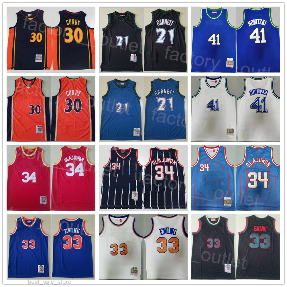 Man Vintage Mitchell & Ness Basketball Hakeem Olajuwon Jersey 34 Patrick Ewing 33 Stephen Curry 30 Kevin Garnett 21 Dirk Nowitzki 41 Retro-image-787321234