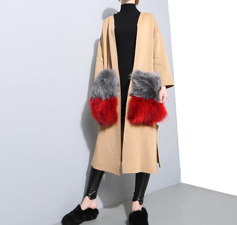 

Women's Knits & Tees Fall 2022 Womens Fashion Knitted Jackets Designer Raccoon Fur Big Pocket Long Cardigan Jacket, White