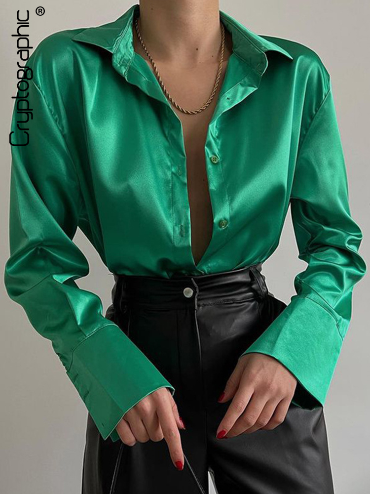

Elegant Spring Fashion Satin Tops and Blouses Women Open Stitch Casual Flare Sleeve Shirts Blouse Tops Streetwear, Green