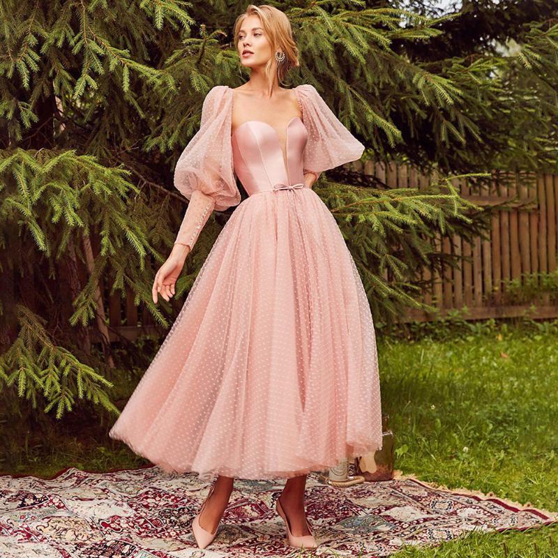 

Casual Dresses Wedding Party Women Evening Elegant Mesh Lantern Sleeve Strapless Backless Ball Gown Dress Solid Long Maxi, Pink dress