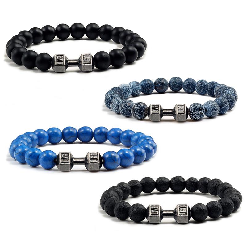 

Beaded Strands Style Natural Stone Metal Dumbbell Lava Beads Bracelets Bangles Women Jewelry Men Bracelet Couple Pulseras Hombre MujerBeaded
