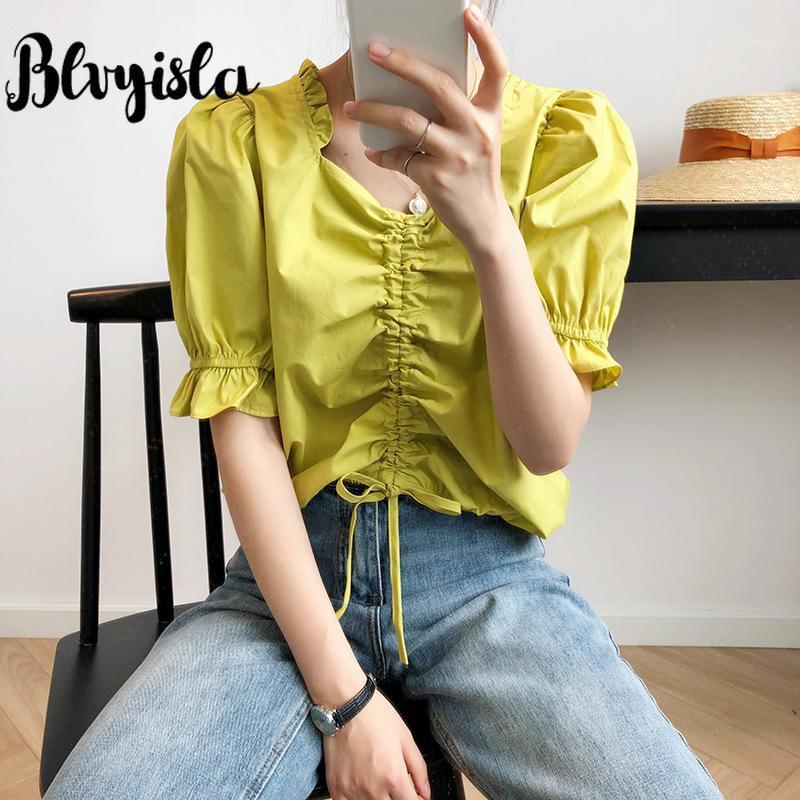 

Women's Blouses & Shirts Blvyisla Fashionable Chic Drawstring Front Summer Blouse Sexy Women Ruffled Small-fold Bubble Sleeve Crop Tops, Green