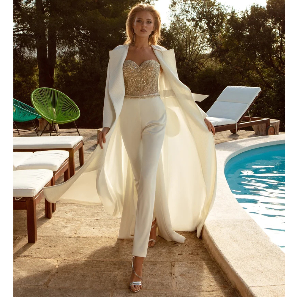 

Beach Wedding Dress Jumpsuit With Jacket Sweetheart Top Beaded Bridal Gowns Open Back Sash For Women Lady Sexy Pant suit, Red