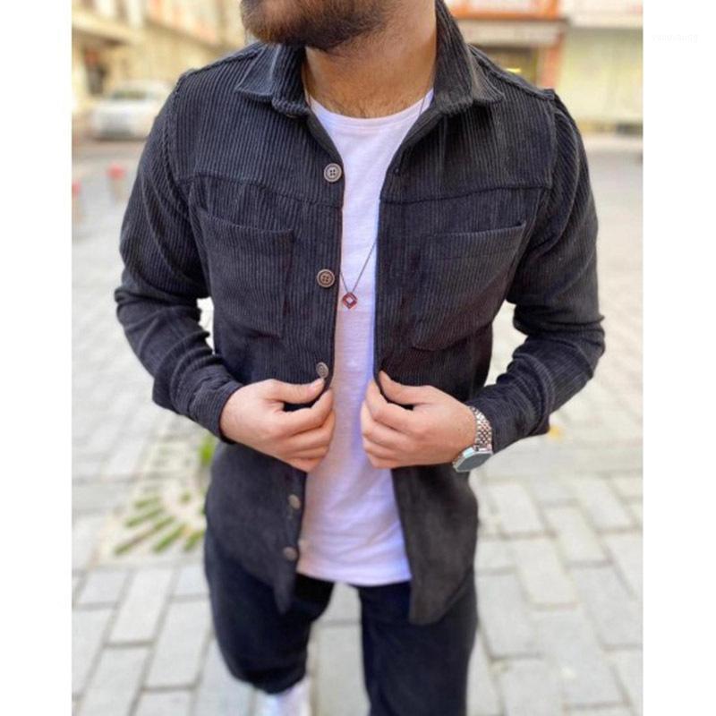

Men's Casual Shirts Autumn Mens Solid Color Corduroy Shirt Fashion Oversize Long Sleeve Striped Turndown Collar Men Cargo, Brown