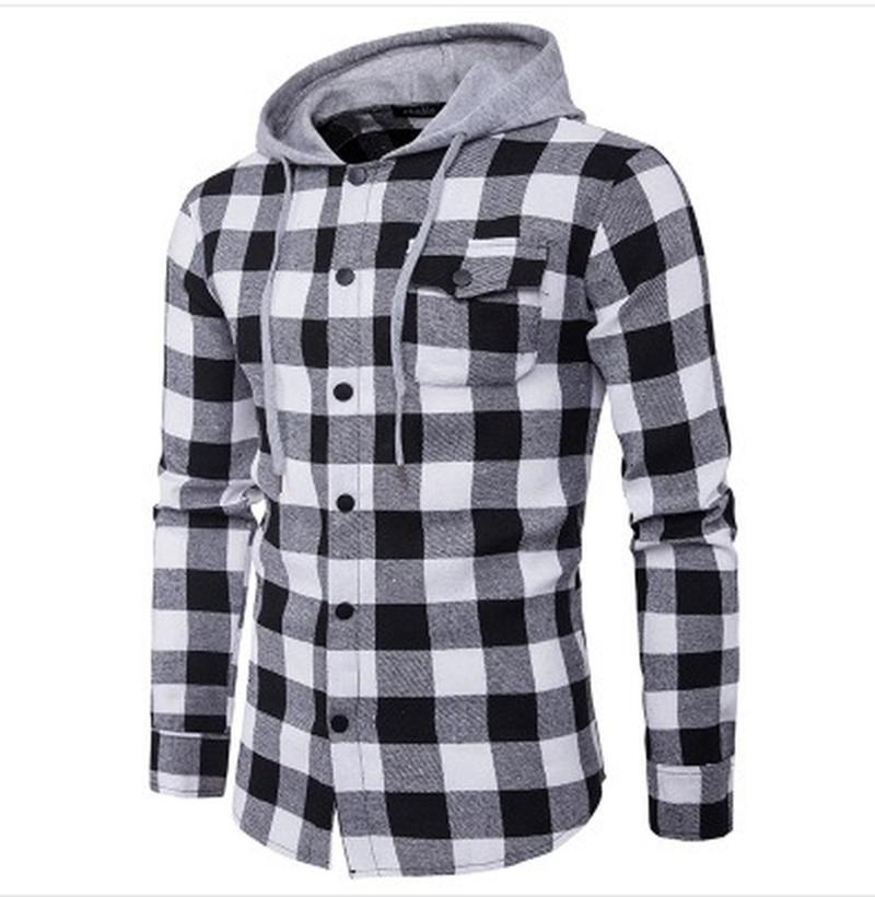 

Men's Casual Shirts Men's Pocket Trim Hooded Plaid ShirtMen's, White
