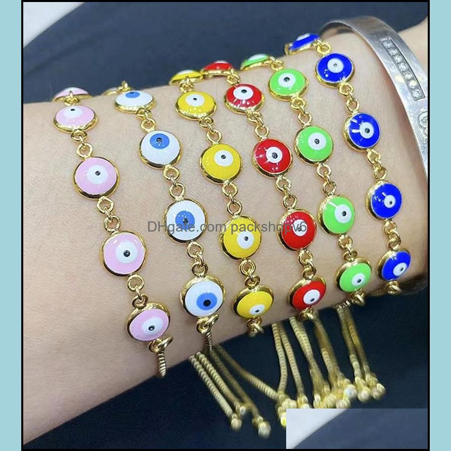 Link Chain Link 5Pcs Gold Plated Rainbow Enamel Mticolor Tiny Eyes Slide Beaded Bracelets Adjustable Jewelry For Women Gi Packshopv6 Dhulg